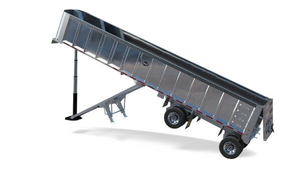 Sheet & Post Dump Trailer lifted with gate open.